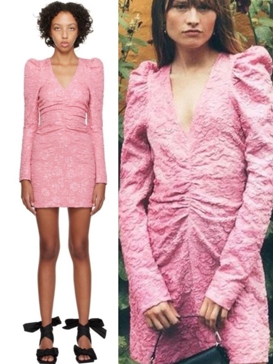 Ganni Dresses & Skirts - Ganni Stretch Jacquard V Neck Mini Dress Orchid Smoke Puff Sleeve Pink Y2K